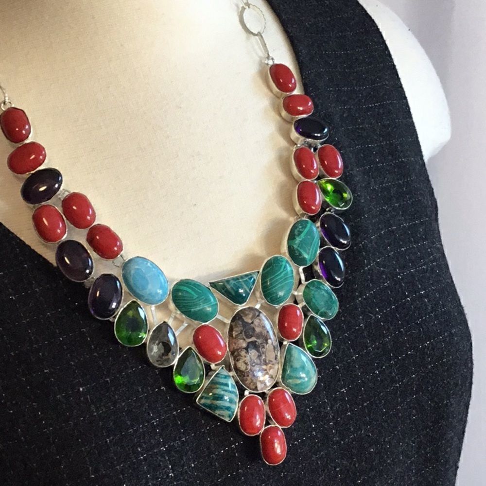 TURTILLA AGATE WITH MALACHITE GEMS NECKLACE SILVER